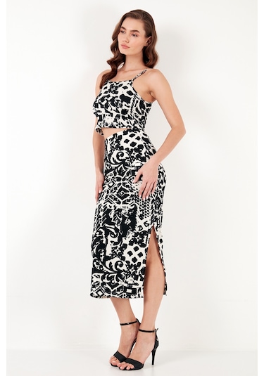 Lela Slim Fit Ip Askılı Yırtmaçlı Midi Alt-Üst Bayan Takım 5865726 Siyah