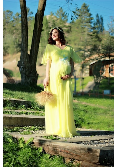 Modalabio Moda Labio- Babyshower Melek Kol Hamile Elbisesi Sarı