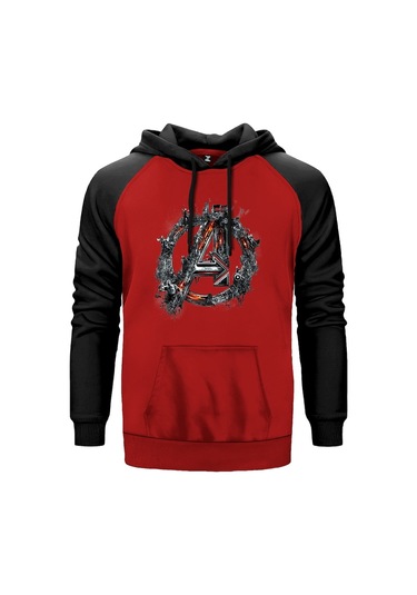 Avengers Logo 2 Kırmızı Reglan Kol Kapşonlu Sweatshirt Kırmızı
