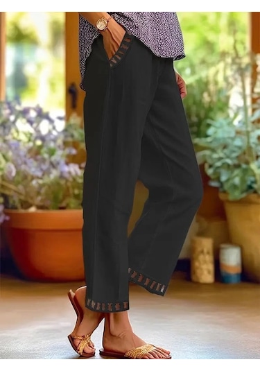 Kadın Beli Lastikli Bağcıklı Cep Ve Pantolon Ucu Güpür Detaylı Pantolon Siyah