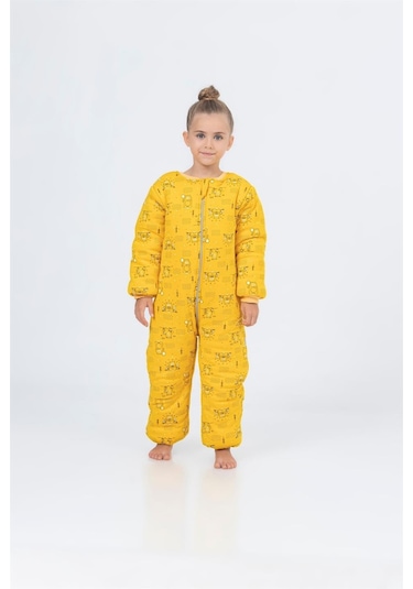 Kız Erkek Çocuk Kalın Elyaf Dolgulu Premium Kalite 2.5 Tog Desenli Uyku Tulumu Ekru - Sarı