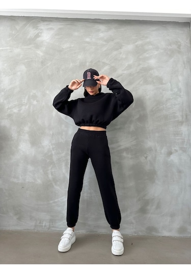 Kadın Pamuklu İçi Polarlı Basic Eşofman Takımı Siyah