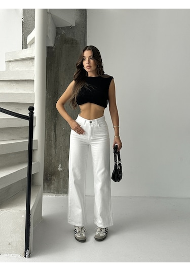 Kadın Yüksek Bel Keten Boyfriend Bol Paça Beyaz