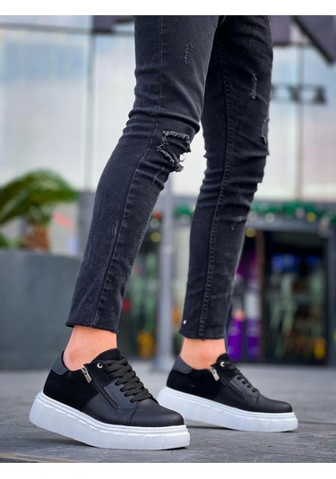 Kb-x155 Kuback Siyah Cilt Siyah Süet Detaylı Beyaz Yüksek Taban Günlük Spor Ayakkabı Siyah2 Siyah