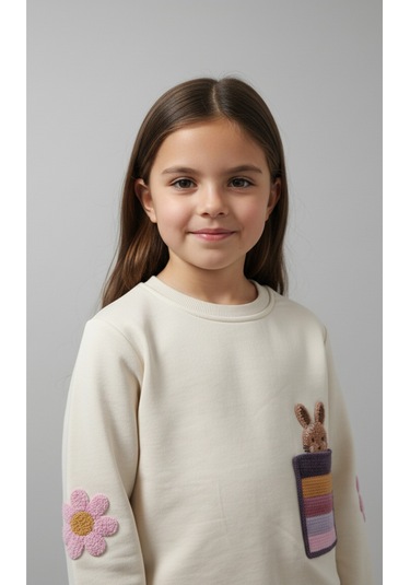 Kız Çocuk Tavşan Cepli Pamuklu 3 İplik Sweatshirt KREM