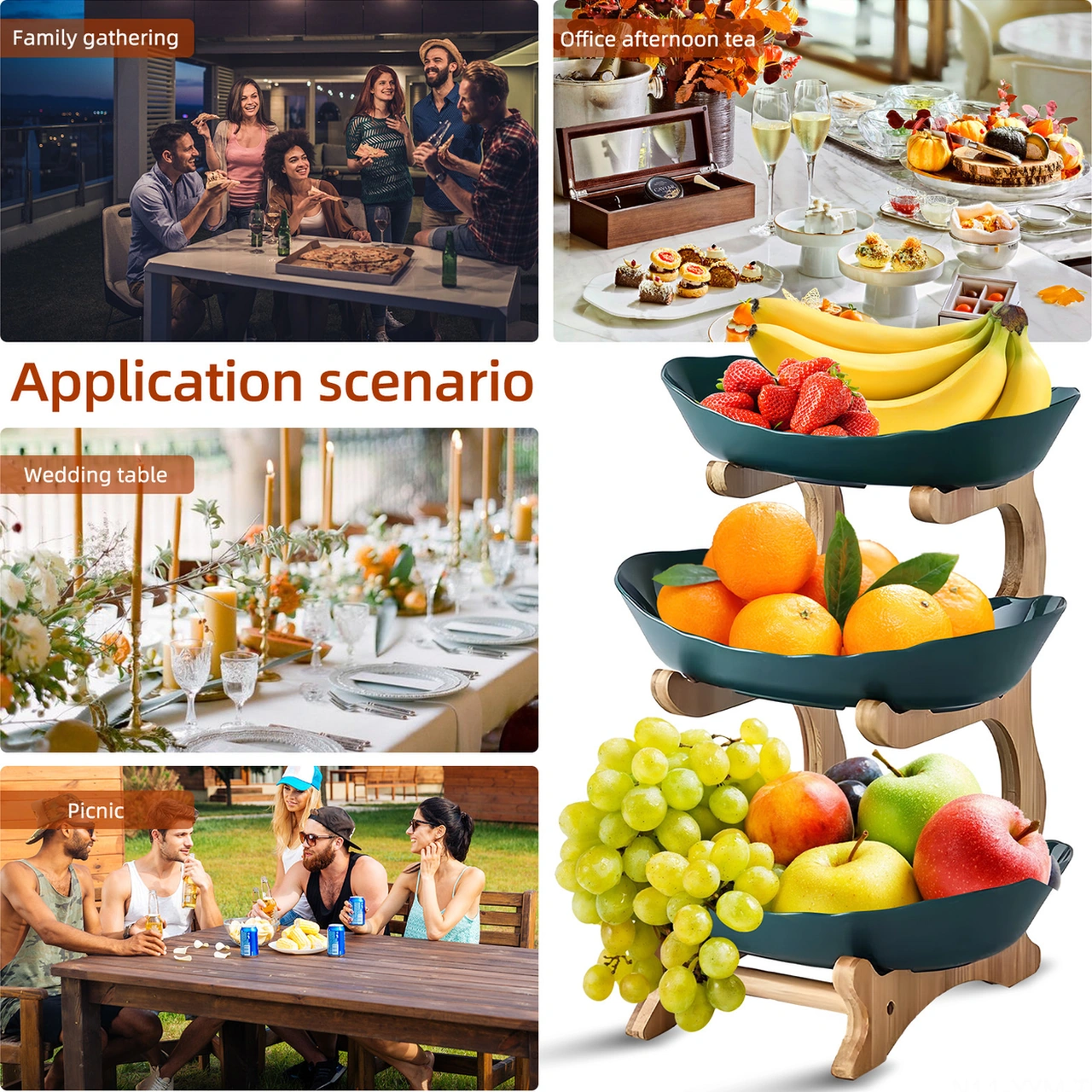 Geeksen Koyu Yeşil 3 Katlı Bambü Plastik Mutfak Sepeti - Meyve, Atıştırmalık, Tatlı Serim Panosu - Oturma Odası, Çay Masası Dekoratif Sunum Rafı Koyu Yeşil