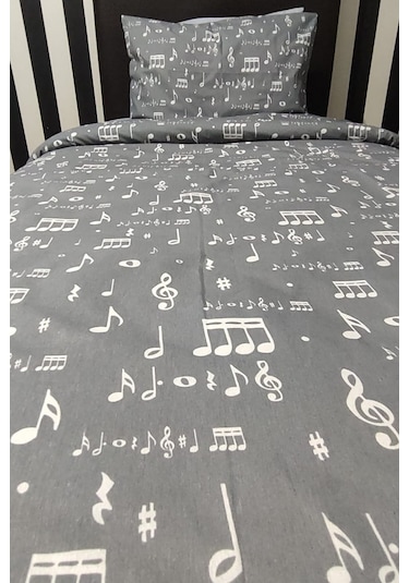 Nota Desenli Lastikli Çarşaflı Tek Kişilik Nevresim Takımı