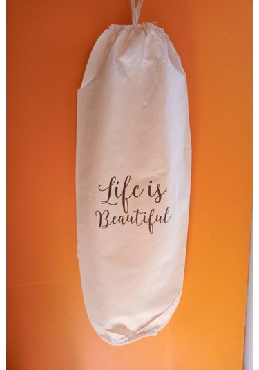 Emtory Home Life Is Beautiful Baskılı Çift Lastikli Naturel Keten Poşetlik