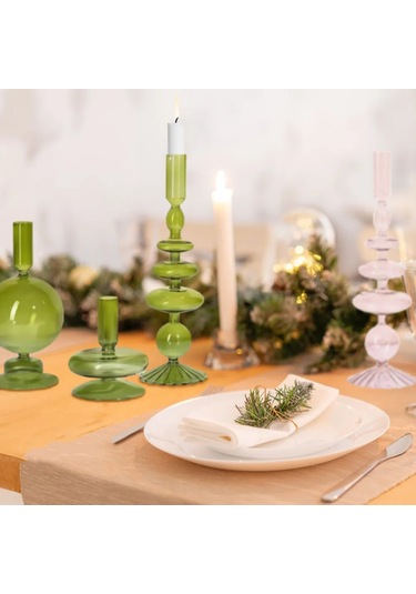 Reedark Yeşil Cam Mumluk Seti, 3 Farklı Boyutlu, Konik Ve Geniş Mumları Tutabilir, Masaüstü Dekorasyonu, Sıcak Ve Zevkli Ortam Oluşturur