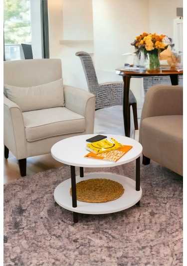 Yüksek Kalite Orta Sehpa 2 Raflı Ahşap Ayaklı Yuvarlak Gazetelikli Dekoratif Lüks Sehpa Beyaz