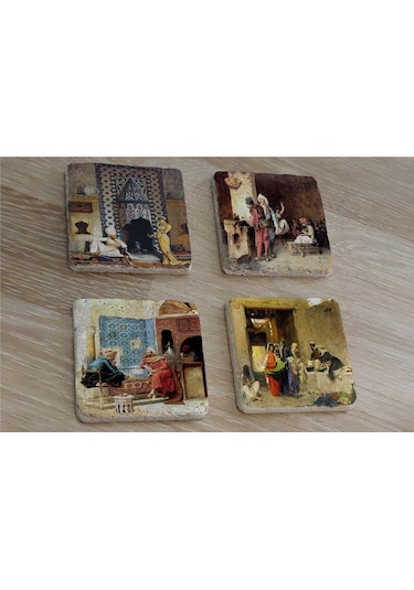 Oryantal Satranç Oynayanlar Kahveci Ve Sultan Süleyman Doğal Taş Bardak Altlığı 4'lü Set - Natural Stone Coasters - Taş Çok Renkli