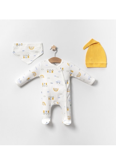 Babydonat Araba Desenli Sarı 4'lü Erkek Bebek Tulumu Sarı