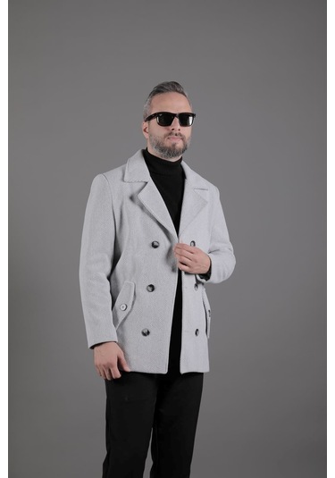 Ohepmoda Desenli Kruvaze Erkek Kaşe Kaban Açık Gri