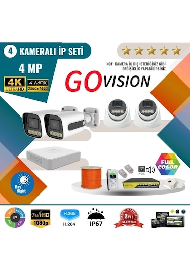 Go Vision 4'lü 4mp 4k Ultra Hd Ip Güvenlik Kamera Seti Gece Görüşlü, Dış Mekan Uyumlu 320 Gb