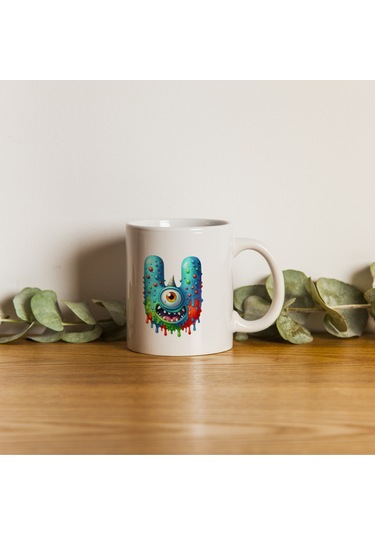 U Harfi Bardak, Sevimli Canavarlar Harflı Bardak Hediyesi Porselen Beyaz