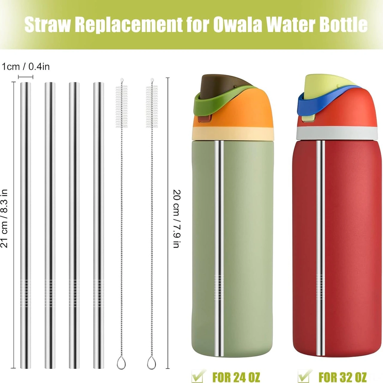 Hombey 24-32 Unze Su Şişeleri İçin Paslanmaz Çelik Yeniden Kullanılabilir Metal Pipetler 2 Adet Temizleme Fırçası İle