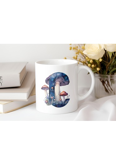 C Baş Harfi Fantastik Mantarlı Kupa Bardak - Kişiye Özel Masalsı Bardak - Hediye Beyaz