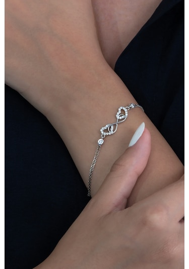 Sonsuzluk Çift Kalp Tek Taşlı Gümüş Bileklik Wsb32