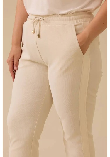 Kadın Büyük Beden Fitilli Bilek Boy Pantolon - Bej 4358892