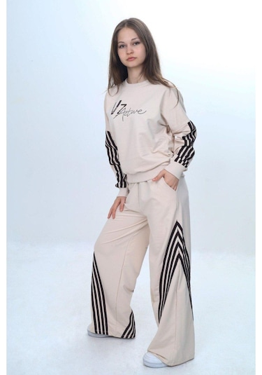 Kız Çocuk %100 Pamuk Şeritli Oversize 2 İplik Alt&üst Eşofman Takımı-305-eşt-0009 Bej