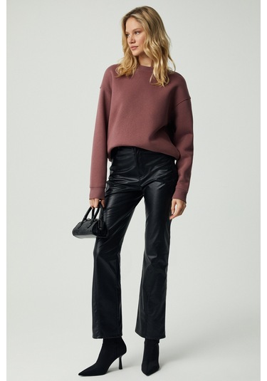 VANELTINA Kadın Organik Pamuklu Yumuşacık İçi Polarlı Yuvarlak yakalı Mürdüm Sweatshirt