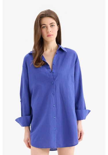 DeFacto Regular Fit Pamuklu Plaj Gömleği-Fall in Love W8241AZ25SMBE114 Mavi