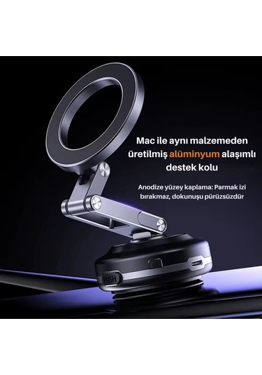 Shopytech X63 Alüminyum Alaşımlı Manyetik Araç Telefon Tutucu 360 Çok Eksenli Vakum Tabanlı Type-c 1 Adet