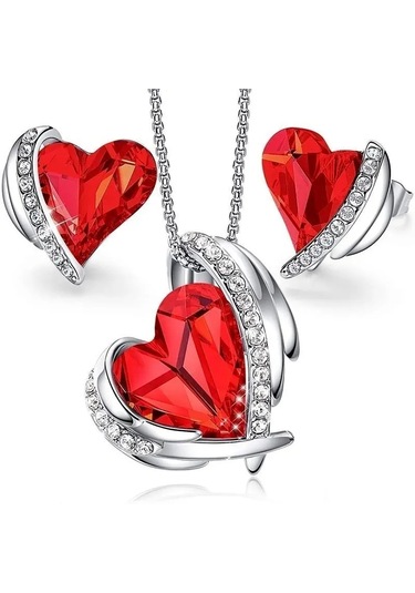 Trend Renkli Taşlı, Zirkon Taş İşlemeli Kalp Takı Seti Kolye Küpe , Yeni Yıl, Kırmızı