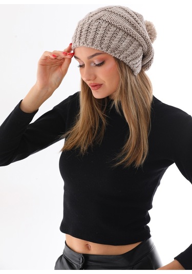 Kadın Kalın Taş Örgü Ponponlu Bere Taş