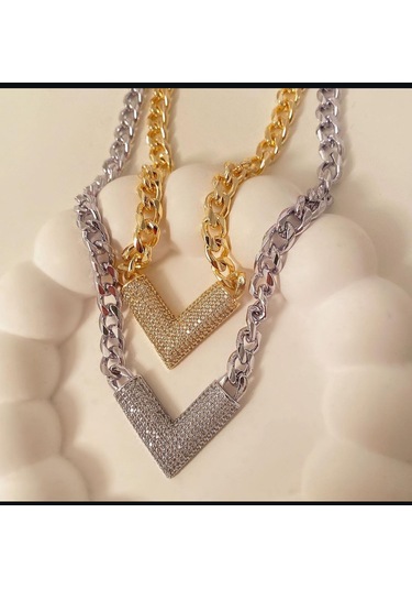Kadın Kolye Özel Tasarım Zirkon Taş V Model Kalın Zincir Kolye Gümüş Kadın Kolye Özel Tasarım Zirkon Taş V Model Kalın Zincir Kolye Gümüş