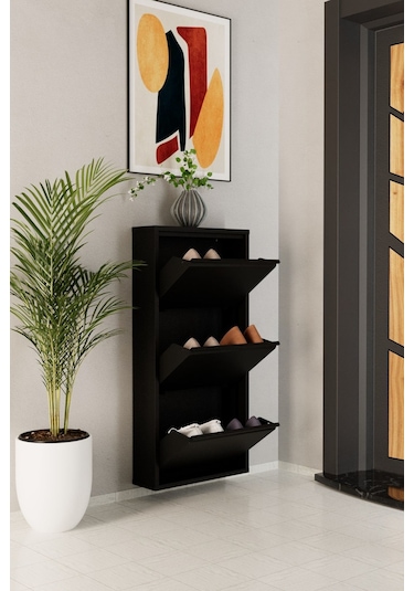 3 Kapaklı Metal Ayakkabılık Siyah Siyah