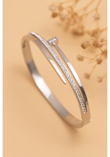 Kadın Çelik Bileklik - Taşlı Çivi Model 3 Sıra Kadın Kelepçe Gümüş
