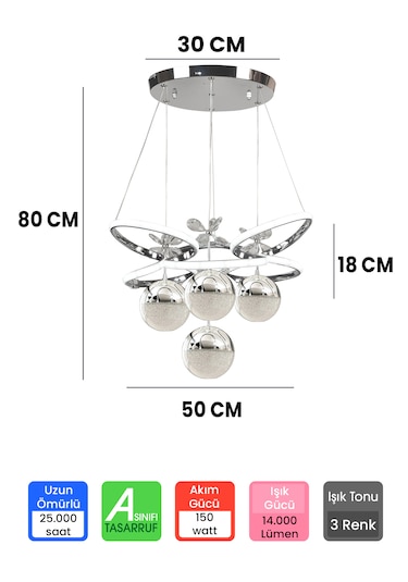 4 Toplu Kumandalı Büyük Salon Avize 3 Renk Krom Gümüş Kasa Saray