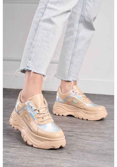 Günlük Kadın Spor Ayakkabı Yüksek Kalın Taban 6 Cm Suni Deri Sneaker 001 Nude Holo
