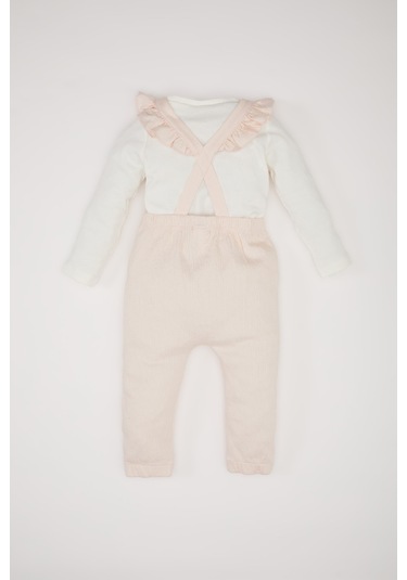DeFacto Kız Bebek 2'li Takım Çiçekli Uzun Kollu Krinkıl Kumaş Tişört Salopet Tulum D9094A525SPPN262 Pembe