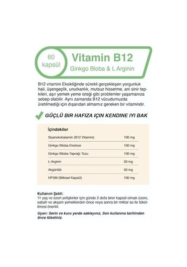 Mindivan Vitamin B12 &Ginkgo Bloba Eki & L Arginin