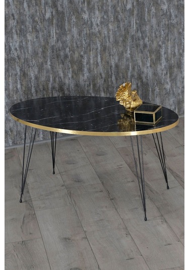 Orta Sehpa Elips Siyah Ayak Altın Bendir Tel Siyah Mermer Desen