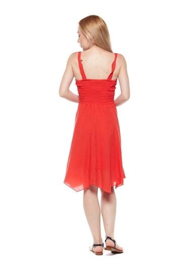 Kırmızı Askılı Vual Asimetrik Yazlık Elbise