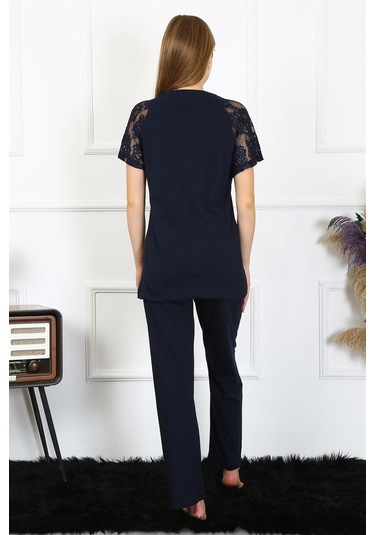 Akbeniz Kadın Kolu Dantelli Penye Pijama Takım 4150 - S Lacivert