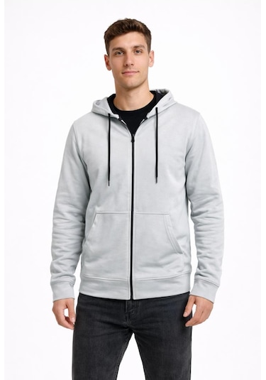 Axxel Erkek Açık Gri 2 İplik Fermuarlı Kapüşonlu Sweatshirt-w1084 Açık Gri