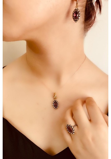 Kırmızı Safir Taşlı 925 Ayar Gümüş Üçlü Otantik Set Takı