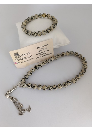 Doğaltaş Tespih-bileklik Takım Ahşap Kutulu /jasper Taşı Dalmaçy Bej