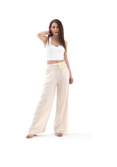 Beli Lastikli Cepli Müslin Keten Pantolon - Taş-taş Taş