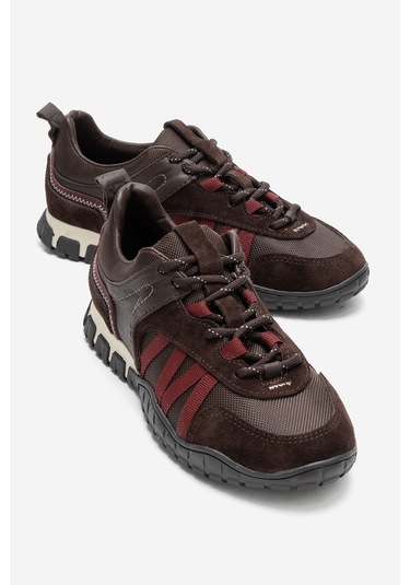 Fıera Kahverengi Bordo Hakiki Deri Fileli Kadın Günlük Sneaker Bordo - Kahverengi