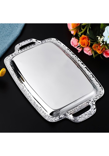 Wezone Stokta Çelik Tepsiler: Gümüş Kenarli Dikdörtgen Masaüstü Meyve-atıştırmalık Servis Ve Saklama Tabağı 40x23cm Diğer