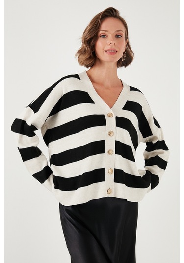 Lela Regular Fit Çizgili V Yaka Düğmeli Soft Akrilik Bayan Hırka 4615188 Taş-Siyah