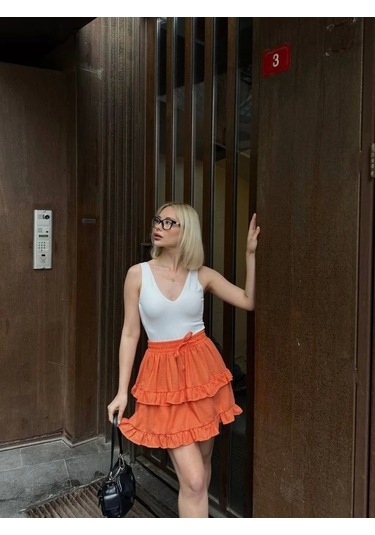 Bel Lastikli Kat Fırfır Detaylı Kısa Etek - Turuncu Turuncu