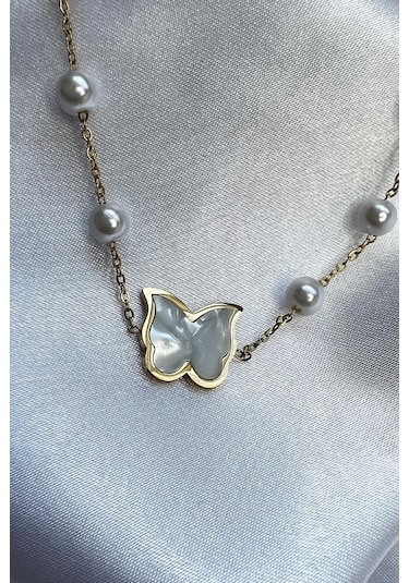 Altın Renk Kaplama İnci Taşlı Sedefli Kelebek Detaylı Kadın Çelik Bileklik - Altın