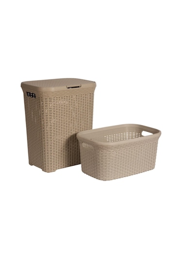 2'li Set Hasır Desenli Plastik Bej Çamaşır Sepeti & Bej Çamaşır Selesi Bej
