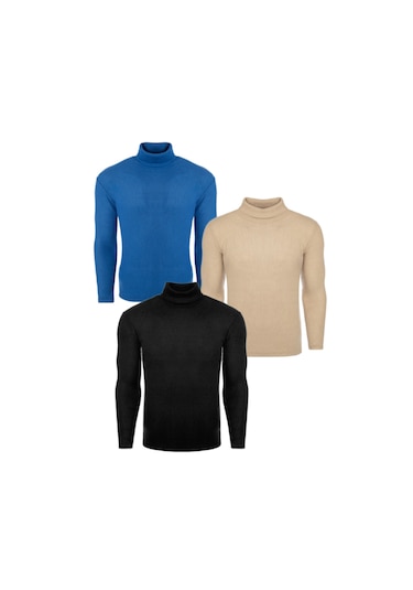 Ribac 3'lü Paket Erkek Boğazlı Balıkçı Triko Kazak Siyah-indigo-bej Çok Renkli